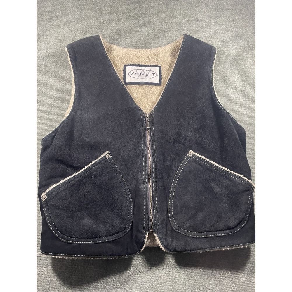 Winlit Vintage Suede Black Leather Zip Up  Western Vest Size M